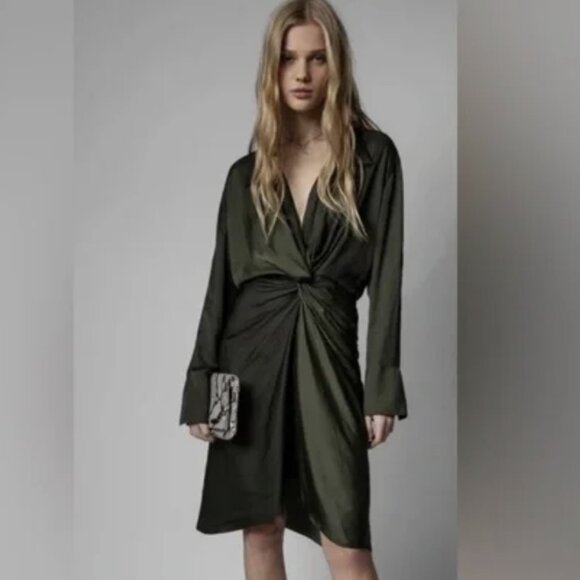 Zadig & Voltaire Rozo Twist Detail Long Sleeve Satin Dress Size M NWT